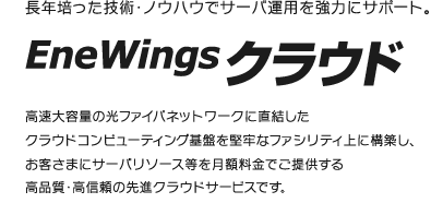 長年培った技術・ノウハウでサーバ運用を強力にサポート。 EneWingsクラウド 高速大容量の光ファイバネットワークに直結したクラウドコンピューティング基盤を堅牢なファシリティ上に構築し、お客さまにサーバリソース等を月額料金でご提供する高品質・高信頼の先進クラウドサービスです。