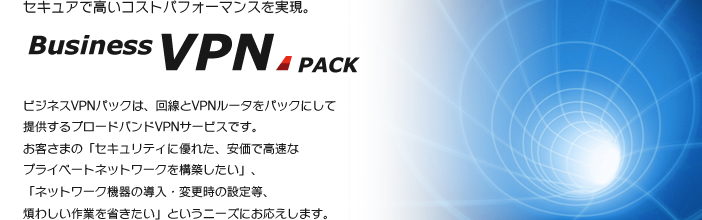 セキュアで高いコストパフォーマンスを実現。Business VPN PACK ビジネスVPNパックは、回線とVPNルータをパックにして提供するブロードバンドVPNサービスです。お客さまの「セキュリティに優れた、安価で高速なプライベートネットワークを構築したい」、「ネットワーク機器の導入・変更時の設定等、煩わしい作業を省きたい」というニーズにお応えします。